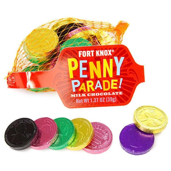 Assorted Colors Foiled Milk Chocolate Penny Parade Coins In Mesh Bags: 20-Piece Box 3 Assorted Colors Foiled Milk Chocolate Penny Parade Coins In Mesh Bags: 20-Piece Box