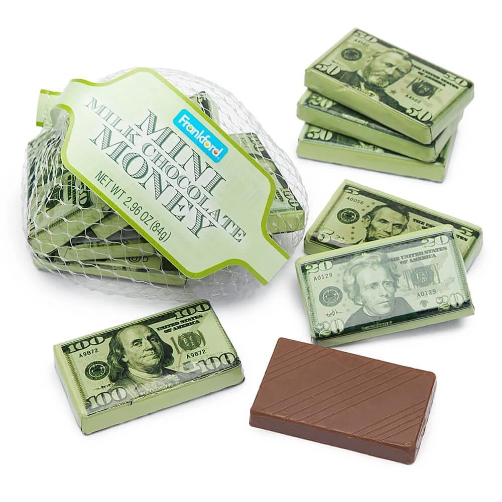 Foiled Milk Chocolate Money Mini Bars In Mesh Bags: 18-Piece Box 3 Foiled Milk Chocolate Money Mini Bars In Mesh Bags: 18-Piece Box