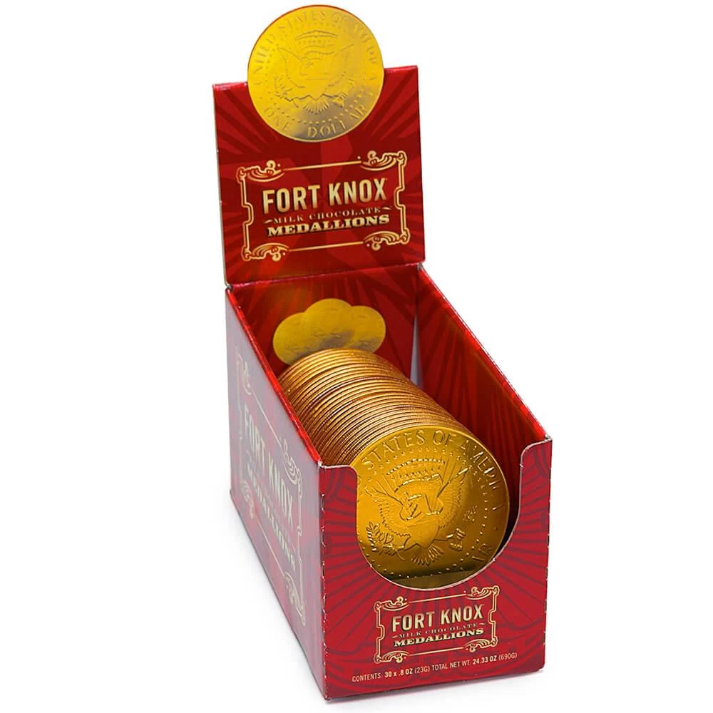 Fort Knox Gold Foiled Milk Chocolate US Dollar Medallions: 30-Piece Box 3 Fort Knox Gold Foiled Milk Chocolate US Dollar Medallions: 30-Piece Box